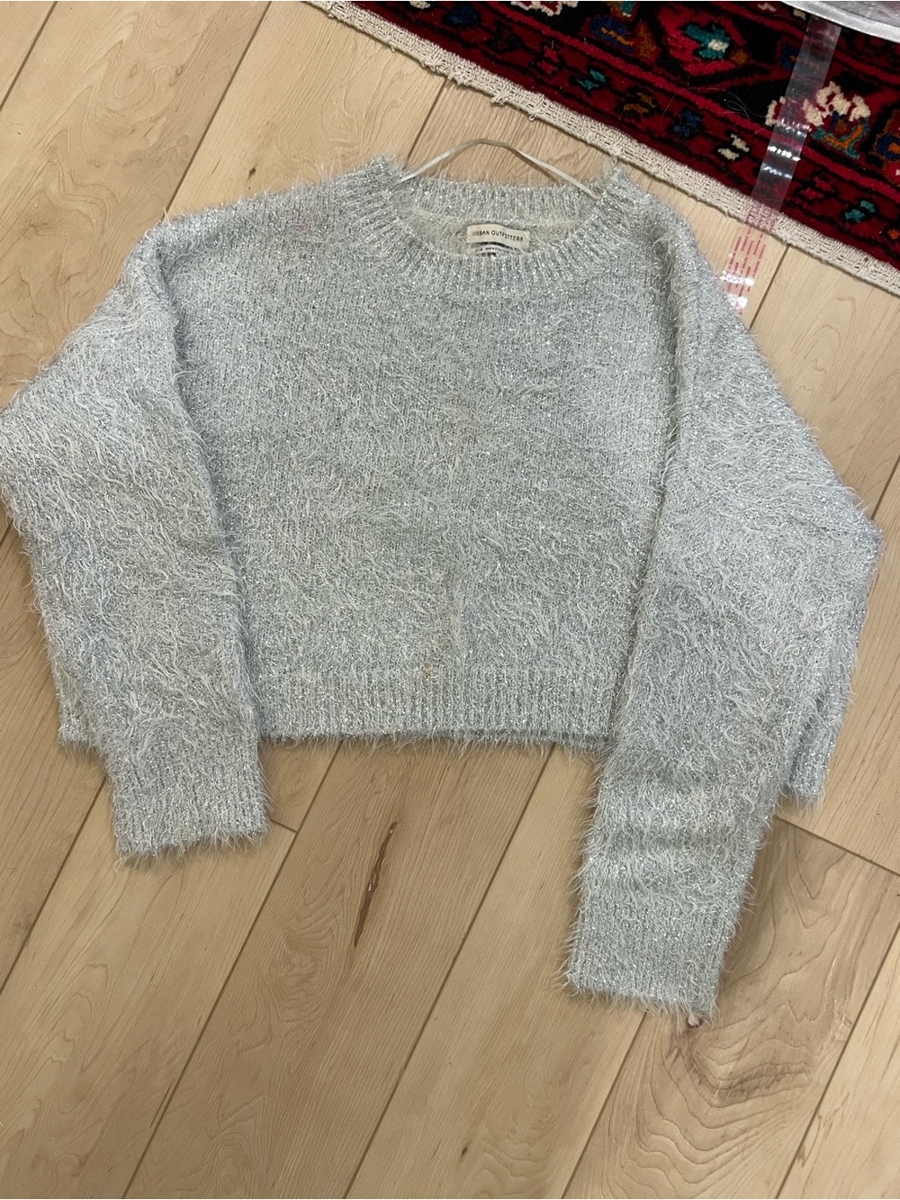 Urban Outfitters Fuzzy Cropped Crewneck Sweater - Light Gray